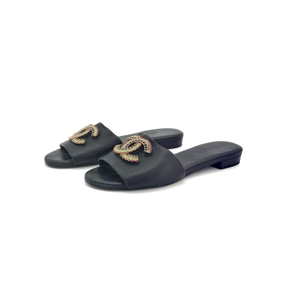 Chanel CC Logo Lambskin Black Leather Slip On Slides Mules 37.5
